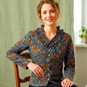 Mademoiselle Non Non JAPAN Floral Boho Neck Ruffle Button Down Blouse NWOT M